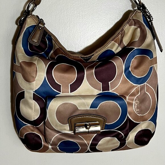 COACH-Signature Satin Monogram Hobo Brown/Blue Shoulder Bag - Picture 1 of 4